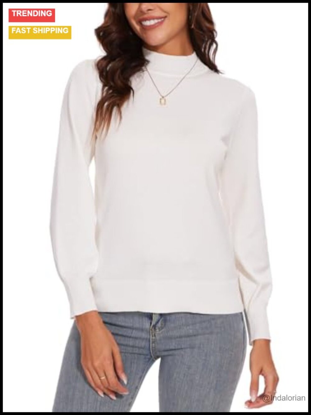 Women's Mock Neck Lantern Sleeve Knit Pullover Sweater